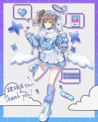  alternate_costume apron bandaid bandaid_hair_ornament between_fingers blue_border blue_bow blue_bowtie blue_jacket blue_skirt border bow bowtie brown_hair candy capelet cevio closed_mouth cloud colored_tips commentary_request commission detached_wings drop_shadow female food frilled_capelet frilled_hairband frills fujifuji0330 full_body gradient_border grey_choker hair_bun hair_ornament hairband halo heart highres holding holding_candy holding_food holding_lollipop holding_phone jacket jersey_maid leg_warmers lollipop looking_at_viewer low_wings maid medium_hair miniskirt multicolored_hair phone pink_hair pixel_heart pixelated platform_footwear purple_border satou_sasara shoes side_ponytail simple_background single_side_bun skeb_commission skirt smile solo sparkle spoken_heart spoken_object standing standing_on_one_leg tenshi_kaiwai thank_you track_jacket unconventional_maid waist_apron white_apron white_background white_capelet white_footwear wings yellow_eyes 