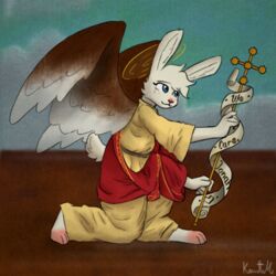  1:1 angel angel_gabby angel_hare angel_hare_(the_east_patch) anthro blue_eyes brown_wings clothed clothing digital_media_(artwork) english_text feathered_wings feathers female fingers freckles fur hair halo hare hi_res holding_object kawattame kneeling lagomorph leporid looking_up mammal rabbit red_nose religion robe simple_background smile solo staff tail text the_east_patch tuft watermark white_body white_fur wings 