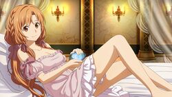  asuna_(sao) bare_legs bed_sheet braid breasts brown_eyes brown_hair candelabra candlestand cleavage closed_mouth curtains dress female game_cg hair_ribbon highres indoors layered_dress long_hair looking_at_viewer medium_breasts multicolored_clothes multicolored_dress off-shoulder_dress off_shoulder official_art pillow pink_dress pink_ribbon pink_sleeves ribbon short_dress short_sleeves sleepwear smile solo sword_art_online sword_art_online_last_recollection very_long_hair white_dress 