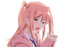  aoki_kanji blazer blush breasts cardigan female hair_between_eyes half-closed_eyes hood hoodie jacket long_hair looking_at_viewer low_twintails naughty_face necktie nemoto_hina open_mouth pink_hair pink_hoodie purple_necktie school_uniform shirt simple_background solo tongue tongue_out twintails two_side_up upper_body watashi_ga_motenai_no_wa_dou_kangaetemo_omaera_ga_warui! 