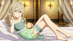  arm_strap bare_arms bare_legs barefoot bed_sheet candelabra candlestand closed_mouth collarbone crossed_legs curtains dress female game_cg green_dress hair_between_eyes hair_down hand_in_own_hair highres holding indoors light_brown_hair long_hair looking_at_viewer official_art on_bed pillow red_eyes short_dress silica sleepwear sleeveless sleeveless_dress smile solo straight_hair sword_art_online sword_art_online_last_recollection thigh_strap 