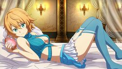  bare_arms bed_sheet blonde_hair blue_thighhighs breasts candelabra candlestand cleavage cleavage_cutout closed_mouth clothing_cutout curtains eyebrows_hidden_by_hair female game_cg garter_straps green_eyes hair_between_eyes highres holding indoors looking_at_viewer lying medium_breasts midriff miniskirt navel official_art on_back philia_(sao) pillow short_hair skirt sleepwear smile solo stomach sword_art_online sword_art_online_last_recollection thighhighs white_skirt 