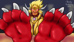  16:9 2018 4_toes anthro armor barefoot blonde_hair blurred_background bushiroad claws clothing dragon drum_bunker_dragon feet foot_focus future_card_buddyfight gold_(metal) gold_armor gold_helmet hair headgear helmet hi_res horn humanoid_feet looking_at_viewer male mythological_creature mythological_scalie mythology open_mouth orange_body orange_scales plantigrade randytheartdog red_tongue scales scalie sharp_teeth sitting soles solo teeth toe_claws toes tongue white_claws white_horn widescreen yellow_eyes 