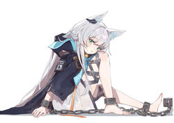  absurdres animal_ears arknights barefoot black_jacket blush cat_ears cat_girl chinese_commentary commentary_request cuffs dress earpiece female full_body green_eyes highres hood hood_down hooded_jacket jacket knee_up long_sleeves looking_at_viewer open_mouth rosmontis_(arknights) sao7 shackles simple_background sitting solo toes variant_set white_background white_dress white_hair 