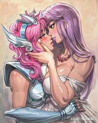  2girls armor armored_dress artist_name athena_(saint_seiya) bare_shoulders blush boobplate breast_press breasts cedric_poulat cleavage couple dress earrings equuleus_shoko eye_contact face-to-face gauntlets green_eyes hair_between_eyes hand_on_another&#039;s_cheek hand_on_another&#039;s_chin hand_on_another&#039;s_face hands_on_another&#039;s_face hug imminent_kiss jewelry kido_saori large_breasts lips lipstick long_hair looking_at_another makeup metal_wings multiple_girls open_mouth pauldrons pink_hair pinup_(style) profile purple_hair saint_seiya saint_seiya_saintia_sho shoulder_armor smile very_long_hair western_comics_(style) white_dress wing_hair_ornament yuri 