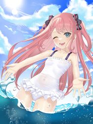  :d absurdres aimi_hada ass_visible_through_thighs bare_arms black_bow blue_sky blush bow braid breasts bubble cloud cloudy_sky collarbone commentary covered_navel female frilled_one-piece_swimsuit frills green_eyes hairbow highres long_hair looking_at_viewer nagamma one-piece_swimsuit pink_hair princess reaching reaching_towards_viewer sedai_one see-through_one-piece_swimsuit sidelocks single_braid skin_tight sky small_breasts smile solo spanish_commentary sparkle splashing sun sunlight swimsuit teeth two_side_up virtual_youtuber wading water wet wet_clothes wet_swimsuit white_one-piece_swimsuit 