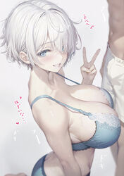  1boy armpit_crease bare_shoulders blue_bra blue_eyes blue_panties bra breasts cleavage collarbone commentary_request female from_side grin hair_over_one_eye hand_up kurono_mitsuki large_breasts looking_at_viewer lower_body navel original panties pants short_hair simple_background smile strap_gap tomboy_childhood_friend_(kurono_mitsuki) translated underwear v very_short_hair white_background white_hair white_pants 