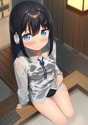  3: amulet apollo_(hu_maple) bath black_hair blue_eyes blue_hair blush breasts collared_shirt colored_inner_hair commentary_request dress_shirt female furrowed_brow hair_between_eyes hair_intakes highres indoors long_sleeves looking_at_viewer looking_up medium_breasts medium_hair multicolored_hair ofuro one-piece_swimsuit original pleated_skirt school_swimsuit school_uniform see-through shirt shy skirt soaking_feet solo swimsuit swimsuit_under_clothes thighs unworn_skirt wakamezake wet wet_clothes white_shirt 