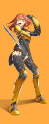  armor belt black_gloves blue_eyes boots breastplate elbow_gloves female fighting_stance full_body gloves groin hair_between_eyes highres holding holding_shield holding_sword holding_weapon leotard long_hair looking_at_viewer multiple_thigh_straps open_mouth orange_background orange_hair original pauldrons shield shoulder_armor simple_background solo standing sweatdrop sword tbocart tearing_up thighhighs utility_belt weapon 