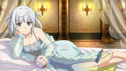  bed_sheet blunt_bangs breasts candelabra candlestand cleavage closed_mouth collarbone curtains dress female game_cg gradient_dress grey_dress grey_eyes head_rest highres holding indoors long_dress long_hair looking_at_viewer lying medium_breasts official_art on_side sash sleepwear sleeveless sleeveless_dress smile solo sword_art_online sword_art_online_last_recollection tia_(sao) white_hair yellow_dress 