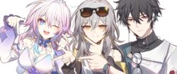  1boy 2girls black_hair commentary dan_heng_(honkai:_star_rail) dan_heng_(next_stop_yi_county)_(honkai:_star_rail) english_commentary eyewear_on_head glasses grey_hair hand_on_own_chin highres honkai:_star_rail honkai_(series) korean_commentary march_7th_(dress)_(honkai:_star_rail) march_7th_(honkai:_star_rail) mixed-language_commentary multiple_girls official_alternate_costume one_eye_closed open_mouth pink_hair pointing smile sp0i0ppp stelle_(honkai:_star_rail) stelle_(world_tour_2023)_(honkai:_star_rail) sunglasses trailblazer_(honkai:_star_rail) white_background yellow_eyes 