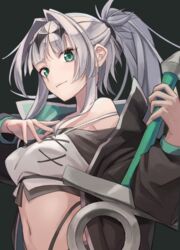  absurdres black_jacket breasts camisole closed_mouth coeiroink commentary_request croix-chan crop_top cropped_shirt female from_side green_eyes grey_hair hair_intakes hand_on_own_chest hands_up highleg highleg_panties highres holding holding_sword holding_weapon jacket light_smile long_hair long_sleeves looking_at_viewer medium_breasts midriff navel off-shoulder_shirt off_shoulder open_clothes open_jacket panties panty_straps ponytail shirt sidelocks solo stomach sword underwear uo_(uo3610_) upper_body weapon 