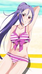  absurdres arm_behind_head arm_up armpits bikini bra breasts collarbone english_commentary female hair_ornament highres kiniro_tofu long_hair looking_at_viewer mito_(sao) navel ponytail purple_hair red_eyes ribbon sand sitting solo striped_bikini striped_bra striped_clothes swimsuit sword_art_online sword_art_online_progressive underwear 