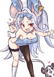  alternate_costume animal_ears black_pantyhose blue_archive blue_bow blue_bowtie blue_halo blue_leotard blush bow bowtie breasts cleavage commentary_request detached_collar ear_tag fake_animal_ears feet_out_of_frame female fox_shadow_puppet grey_hair hairbow halo heart highres holster kneehighs kurosaki_kousuke leaning_forward leotard long_hair medium_breasts mouse_(animal) mouse_girl nezusuke_(blue_archive) oerba_yun_fang open_mouth pantyhose playboy_bunny rabbit_ears red_eyes saya_(blue_archive) simple_background single_leg_pantyhose skin_fang socks solo standing thick_eyebrows thigh_holster very_long_hair white_background white_socks wrist_cuffs 