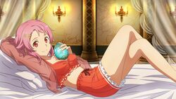  arm_behind_head bare_legs bed_sheet bra breasts candelabra candlestand cleavage closed_mouth crossed_legs curtains female freckles frilled_shorts frills game_cg hair_ornament hairclip highres holding indoors lisbeth_(sao) looking_at_viewer lying medium_breasts medium_hair official_art on_back orange_bra orange_shorts pillow pink_hair red_eyes sash short_shorts shorts sleepwear smile solo sword_art_online sword_art_online_last_recollection underwear 