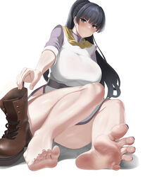  absurdres bare_legs barefoot belt black_hair black_nails blush boots breasts brown_footwear capelet closed_mouth commission dress feet female fighter_(goblin_slayer!) foot_focus goblin_slayer! highres huge_breasts legs long_hair looking_at_viewer nail_polish nuchitarou pixiv_commission ponytail presenting_foot purple_dress purple_sleeves shadow simple_background sitting soles solo spread_toes steam thighs toenail_polish toenails toes two-tone_dress unworn_boots white_background white_dress yellow_capelet 