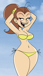  armpits bikini black_eyes blush braces breasts brown_hair cleavage clothed cowboy_shot curvy eyelashes female female_only half-closed_eyes hands_behind_head human large_breasts long_hair luan_loud narrow_shoulders navel nickelodeon open_mouth ponytail scobionicle99 scrunchie side-tie_bikini smile solo standing straight_hair the_loud_house thick_thighs thin_waist tied_hair wide_hips yellow_bikini 