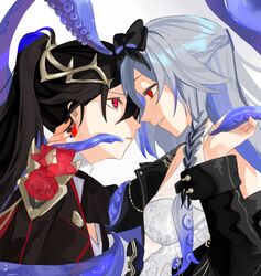  black_hair black_jacket black_shirt black_sleeves braid breasts cleavage_cutout closed_mouth clothing_cutout dual_persona earrings flower fu_hua fu_hua_(blood_voivode) fu_hua_(herrscher_of_sentience) fu_hua_(shadow_knight) fu_hua_(turn_up_the_music!)_(herrscher_of_sentience) grey_hair hair_ornament high_ponytail highres honkai_(series) honkai_impact_3rd jacket jewelry long_hair long_sleeves looking_at_another multicolored_hair multiple_girls official_alternate_costume open_clothes open_jacket ponytail red_eyes red_flower red_rose rose shirt sho_2nini simple_background single_off_shoulder sleeveless sleeveless_shirt small_breasts smile streaked_hair tentacle upper_body vampire white_background white_hair white_shirt yellow_pupils 