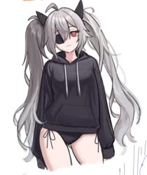  :3 ahoge arms_at_sides ass_visible_through_thighs bad_id bad_pixiv_id bikini black_bikini_bottom black_hoodie closed_mouth contrapposto cowboy_shot cropped_jacket djmax djmax_respect eyepatch fail_(djmax) female grey_hair hair_ornament highres hood hood_down hoodie long_hair looking_at_viewer no_pants red_eyes side-tie_bikini_bottom sidelocks simple_background sleeves_past_fingers sleeves_past_wrists smile solo standing swimsuit syc2159 very_long_hair white_background 