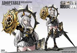  2020 adoptable ahoge allosauc animal_ear_fluff animal_ears arm_up armor artist_name black_armor black_footwear black_sleeves boots breasts center_opening cleavage clenched_hand close-up closed_mouth commentary cowboy_shot deviantart_username dress english_commentary english_text female full_body gradient_background grey_background high_heel_boots high_heels highres holding holding_polearm holding_shield holding_weapon huge_breasts lance light long_hair long_sleeves marking_on_cheek multiple_views original polearm reference_sheet shield short_dress simple_background smile teardrop_facial_mark thigh_boots triangle_background triangular_tiling_background very_long_hair watermark weapon white_dress white_hair yellow_eyes 