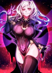  absurdres adapted_costume aura bracelet breasts bridal_gauntlets cleavage collar covered_navel cowboy_shot dark_aura dark_persona evil_smile eyes_of_grima female fire_emblem fire_emblem_awakening fire_emblem_heroes glowing_tattoo grey_hair grima_(fire_emblem) hand_tattoo highres jewelry large_breasts leotard looking_at_viewer official_alternate_costume pubic_tattoo robin_(female)_(fell_tactician)_(fire_emblem) robin_(female)_(fire_emblem) robin_(fire_emblem) see-through see-through_cleavage smile solo spiked_collar spikes tattoo thighhighs to_(tototo_tk) twintails uneven_eyes 