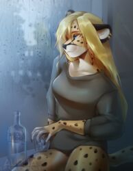  2024 alcohol anthro beverage black_spots blonde_hair blue_eyes bottle breasts cheetah clothing container ear_piercing ear_ring felid feline female fur grey_clothing grey_topwear hair hi_res holding_glass holding_object lena_fluffy_(character) lgag006k043_(artist) long_hair mammal markings medium_breasts piercing rain_on_window ring_piercing solo spots spotted_body spotted_fur topwear vodka yellow_body yellow_fur 