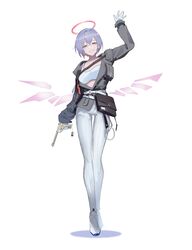  arknights arm_up commentary female full_body gloves grey_hair grey_jacket grin gun halo handgun highres holding holding_gun holding_weapon jacket leggings long_sleeves looking_at_viewer midriff_peek pants shoes short_hair smile solo sports_bra spuria_(arknights) standing vathanyan weapon white_footwear white_gloves white_pants white_sports_bra 