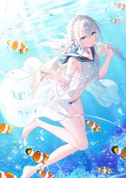  animal barefoot bikini blue_eyes blue_panties blue_ribbon blue_string blue_theme braid choker ciel_(toosaka_asagi) clownfish commentary_request dress female fish frilled_panties frills highres jewelry long_hair ocean open_mouth original panties ribbon sailor_collar sleeveless solo string swimsuit thighs toosaka_asagi tropical_fish underwater underwear water white_dress white_hair wings 