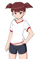  adjusting_shirt bike_shorts black_shorts brown_eyes brown_hair commentary_request cosplay cowboy_shot female girls_und_panzer gym_shirt gym_uniform hair_tie hand_on_own_hip highres isobe_noriko isobe_noriko_(cosplay) light_smile looking_at_viewer mikko_(girls_und_panzer) mouth_hold shirt short_hair short_shorts short_sleeves short_twintails shorts simple_background solo standing tanaka_rikimaru twintails wheat white_background white_shirt 