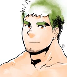  1boy bara broad_shoulders facial_hair goatee_stubble green_hair higemorigen huge_eyebrows looking_at_viewer male_focus nude orange_eyes original painterly portrait short_hair sideburns_stubble smile solo stubble 