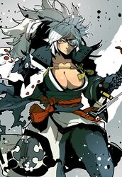  absurdres ahoge baiken big_hair black_gloves breasts brown_eyes center_opening cleavage closed_mouth collarbone commentary cowboy_shot english_commentary eyepatch facial_tattoo female floating_clothes floating_hair gloves grey_background grey_pants guilty_gear high_collar highres isaacchief300 japanese_clothes kataginu katana kimono large_breasts layered_clothes lips long_hair long_sleeves looking_at_viewer multicolored_clothes multicolored_kimono obi obijime one-eyed one_eye_closed open_clothes open_kimono outline paint_splatter pants parted_bangs samurai sash scar scar_across_eye scar_on_face sheath solo spiked_hair standing sword tassel tattoo two-tone_background unsheathing weapon white_background white_hair white_outline wide_sleeves 