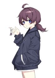  absurdres ahoge blue_eyes character_charm charm_(object) closed_mouth cowboy_shot djmax djmax_respect female grey_jacket hand_in_pocket highres iznal jacket light_blush long_sleeves looking_at_viewer low_twintails no_pants play_(djmax) purple_hair short_hair short_twintails simple_background solo twintails white_background 