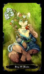  anthro apple bastionshadowpaw biped brown_hair card card_template chipmunk claws daisy_(flower) dipstick_tail english_text eyewear fingers flower food fruit gavin_alvarez glasses green_eyes ground_squirrel hair hi_res king_of_wands_(tarot) lily_(flower) male mammal markings minor_arcana plant rodent rose_(flower) sciurid solo tail tail_markings tarot tarot_card text wands_(tarot) 