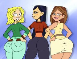  3girls absurdres ass backboob black_eyes blonde_hair blush blush_stickers bracelet breasts brown_hair carrie_(tdi) clothed clothes cowboy_shot dat_ass emma_(tdi) eyelashes female female_only first_porn_of_character half-closed_eyes hands_on_hips highres huge_ass human jeans lipstick long_hair medium_breasts multiple_females pink_lipstick scobionicle99 short_hair sideboob skin_tight skirt standing taylor_(tdi) the_ridonculous_race thick_thighs total_drama_island very_long_hair wavy_hair wide_hips 