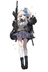  2t_(vmyz7342) :d aliasing black_bag black_coat black_footwear black_gloves blonde_hair blue_neckerchief blue_skirt boots buckle coat female fingerless_gloves full_body girls&#039;_frontline girls&#039;_frontline_2:_exilium gloves gun hand_up holding holding_gun holding_weapon long_hair long_sleeves looking_at_viewer neckerchief one_side_up plaid plaid_skirt pleated_skirt purple_eyes rifle shell_casing shirt sidelocks simple_background skirt smile snap-fit_buckle socks solo sparkle standing stuffed_animal stuffed_dinosaur stuffed_toy tachi-e v vepley_(girls&#039;_frontline_2) vepr-12 weapon white_background white_socks yellow_shirt 