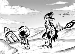  2024 4_ears 4_toes ambiguous_gender anthro artist_name avali avian black_and_white black_claws carlos-a-m chest_tuft claws cloud crashed_ship dewclaw duo eye_contact feathers feet gradient_background humanoid kerbal kerbal_space_program looking_at_another monochrome multi_ear nude signature simple_background size_difference spacecraft spacesuit tail toes tuft unimpressed vehicle 