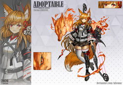  2020 :3 adoptable allosauc animal_ear_fluff animal_ears arrow_(projectile) artist_name asymmetrical_legwear bell belt belt_buckle black_bag black_belt black_cape black_footwear black_jacket black_skirt black_sleeves bow_(weapon) buckle burning cape close-up closed_mouth commentary cowboy_shot cropped_jacket cross-laced_jacket deviantart_username english_commentary english_text eyelashes eyeliner eyeshadow female fire flower_knot fox fox_ears fox_tail full_body gradient_background grey_background hair_bell hair_ornament highres holding holding_arrow holding_bow_(weapon) holding_weapon jacket japanese_clothes layered_sleeves light_blush long_hair long_sleeves looking_at_viewer makeup miniskirt mismatched_legwear multiple_views orange_eyeshadow orange_hair original polka_dot polka_dot_background pyrokinesis red_eyes red_ribbon reference_sheet ribbon ribbon-trimmed_sleeves ribbon_trim shirt shoes simple_background skirt sleeve_ribbon smile tail thighhighs triangle_background triangular_tiling_background weapon white_shirt white_sleeves white_thighhighs zettai_ryouiki 