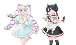  2girls ame-chan_(needy_girl_overdose) black_eyes black_hair black_thighhighs blonde_hair blue_bow blue_hair bow chouzetsusaikawa_tenshi-chan cup dress drill_hair frilled_dress frills hair_ornament hair_over_one_eye hairbow heart heart_hair_ornament highres holding holding_cup holding_tray long_hair looking_at_viewer maid_headdress multicolored_hair multiple_girls multiple_hair_bows needy_girl_overdose official_art ohisashiburi pink_bow pink_hair short_hair simple_background sweets_paradise thighhighs tray twin_drills twintails white_background wrist_cuffs yellow_bow 