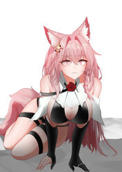  absurdres all_fours animal_ear_fluff animal_ears arknights black_gloves bra braid breasts cleavage epitaph_(ryaf8834) female gloves hair_ornament highres large_breasts long_hair pink_eyes pink_hair pozyomka_(arknights) red_skirt skirt underwear very_long_hair wolf_ears wolf_girl 