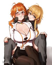  2girls ahoge artist_name bespectacled black-framed_eyewear black_choker black_skirt blonde_hair blue_eyes blush braid breasts cheek_pinching choker dreizerel gaiters glasses highres indie_virtual_youtuber lanyard long_bangs looking_at_viewer mako_fukasame mole mole_on_breast mole_under_eye multiple_girls nail_polish office_lady one_eye_closed orange_eyes orange_hair pantyhose pencil_skirt pinching rectangular_eyewear second-party_source semi-rimless_eyewear single_braid skirt smile thighhigh_gaiters thighhighs under-rim_eyewear virtual_youtuber whiskey_project white_background 