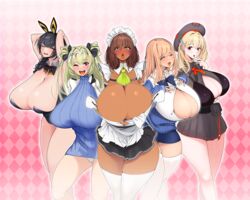  5girls absurdres alternate_breast_size animal_ears antenna_hair apron argyle_background arms_up ascot bare_shoulders beret black_bow black_bowtie black_hair black_leotard black_skirt blonde_hair blue_cardigan blue_dress blush boobplate bow bowtie braid breast_strap breast_suppress breasts brown_eyes brown_hair button_gap cardigan cleavage closed_eyes collared_shirt commentary_request cosplay costume_switch dark-skinned_female dark_skin detached_collar double_bun dress emma_(nikke) emma_(nikke)_(cosplay) fake_animal_ears frilled_hairband frills gigantic_breasts goddess_of_victory:_nikke green_ascot hair_bun hair_ornament hair_ribbon hairband hairclip hat highres jacket leotard long_hair maid_apron maid_headdress man-chin-cool mary_(nikke) mary_(nikke)_(cosplay) military_uniform multiple_girls no_legwear noir_(nikke) noir_(nikke)_(cosplay) one_eye_closed open_mouth panties partially_unbuttoned pencil_skirt pleated_skirt purple_eyes rabbit_ears red_ribbon ribbon school_uniform shirt skirt sleeveless soda_(nikke) soda_(nikke)_(cosplay) striped_bow striped_bowtie striped_clothes sweater sweater_dress teeth thighhighs tia_(nikke) tia_(nikke)_(cosplay) underwear uniform upper_teeth_only wardrobe_malfunction white_jacket white_panties white_thighhighs yellow_eyes zettai_ryouiki 