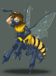  2022 3_fingers arthropod bee brown_hair confusion digital_drawing_(artwork) digital_media_(artwork) fingers fur green_eyes hair hand_on_head hi_res human_to_taur hymenopteran insect_wings insects kyrio male simple_background solo species_transformation stinger taur transformation wings yellow_body yellow_fur 