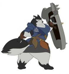  2018 anthro armello armor big_breasts bottomwear bracers breasts canid canine canis clothed clothing digital_media_(artwork) female flat_colors fur grey_body grey_fur hi_res league_of_geeks magna_(armello) mammal shield solo thick_thighs topwear wolf xxsparcoxx 