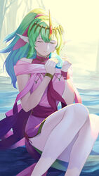  absurdres bracelet closed_eyes dragonstone dress female fire_emblem fire_emblem_awakening fire_emblem_heroes green_hair hair_ornament highres ikura_(downdexp) jewelry long_hair official_alternate_costume pink_dress pointy_ears ponytail ribbon short_dress side_slit signature sleeveless sleeveless_dress smile solo sunlight thighs tiara tiki_(adult)_(fated_divinity)_(fire_emblem) tiki_(adult)_(fire_emblem) tiki_(fire_emblem) tiki_(young)_(fire_emblem) 