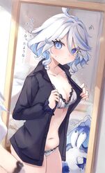  alternate_costume bedroom black_shirt blue_eyes blue_hair bra breasts cleavage closed_mouth collarbone cowboy_shot cowlick dressing drop-shaped_pupils female front-tie_bra furina_(genshin_impact) genshin_impact heterochromia highres indoors lace-trimmed_bra lace_trim light_blue_hair looking_at_mirror looking_at_viewer mademoiselle_crabaletta medium_breasts mirror mismatched_pupils navel open_clothes open_shirt pe_eee00 reflection_focus shirt short_hair solo squiggle stomach sweatdrop symbol-shaped_pupils underwear wavy_hair white_bra white_hair 