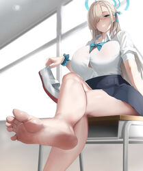  absurdres asuna_(blue_archive) bare_legs barefoot black_skirt blonde_hair blue_archive blue_bow blue_bowtie blue_eyes blue_nails blue_ribbon blue_scrunchie blurry blurry_background bow bowtie breasts collared_shirt crossed_legs day desk feet female foot_focus foreshortening grin hair_over_one_eye hair_ribbon halo highres holding holding_shoes huge_breasts indoors legs long_hair looking_at_viewer nail_polish nuchitarou on_desk presenting_foot ribbon school_desk scrunchie shirt shoes sitting skirt sleeves_rolled_up smile soles solo toenail_polish toenails toes unworn_shoes white_shirt window 