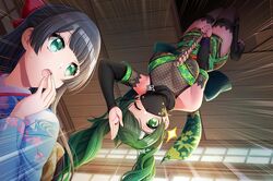  2girls black_hair black_mask breasts cleavage commentary_request d4dj fishnet_top fishnets forehead_protector green_eyes green_hair hair_ribbon holding holding_rope japanese_clothes jewelry kimono long_hair mask medium_breasts mouth_mask multiple_girls necklace ninja ninja_mask official_art one_eye_closed ribbon rope salute shimizu_esora short_kimono sweatdrop togetsu_rei twintails upper_body upside-down 