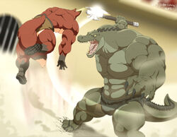  2021 anthro armor artist_name axe battle_axe big_muscles canid canine clothing colisseum crocodile crocodilian crocodylid digital_media_(artwork) duo footwear fox fur gladiator huge_muscles hyper hyper_muscles leather leather_armor male mammal multicolored_body multicolored_fur muscular muscular_anthro muscular_male open_mouth pteruges red_body red_fox red_fur reptile reyak_(xxsparcoxx) scales scalie teeth teofacio_larna tongue true_fox two_tone_body two_tone_fur warrior weapon white_body white_fur xxsparcoxx 