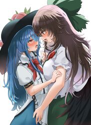  2girls after_kiss asymmetrical_docking bird_wings black_headwear blue_skirt blush bow breast_press breasts brown_hair cape collared_shirt commentary eye_contact flat_chest food fruit green_bow green_skirt hairbow hand_on_another&#039;s_arm hand_on_another&#039;s_leg hat height_difference highres hinanawi_tenshi large_breasts leaf long_hair looking_at_another mikan_(manmarumikan) multiple_girls open_mouth peach peach_hat_ornament puffy_short_sleeves puffy_sleeves red_bow red_eyes reiuji_utsuho saliva saliva_trail shirt short_sleeves skirt standing sweat third_eye tongue tongue_out touhou white_background white_cape white_shirt wings yuri 