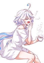  absurdres ahoge blue_hair coffee_mug cup english_commentary eyelashes female furina_(genshin_impact) genshin_impact hair_between_eyes highres holding holding_cup invisible_chair light_blue_hair long_hair mug multicolored_hair off_shoulder open_mouth rubbing_eyes safium shirt sitting solo squeans transparent_background waking_up white_hair white_shirt yawning 